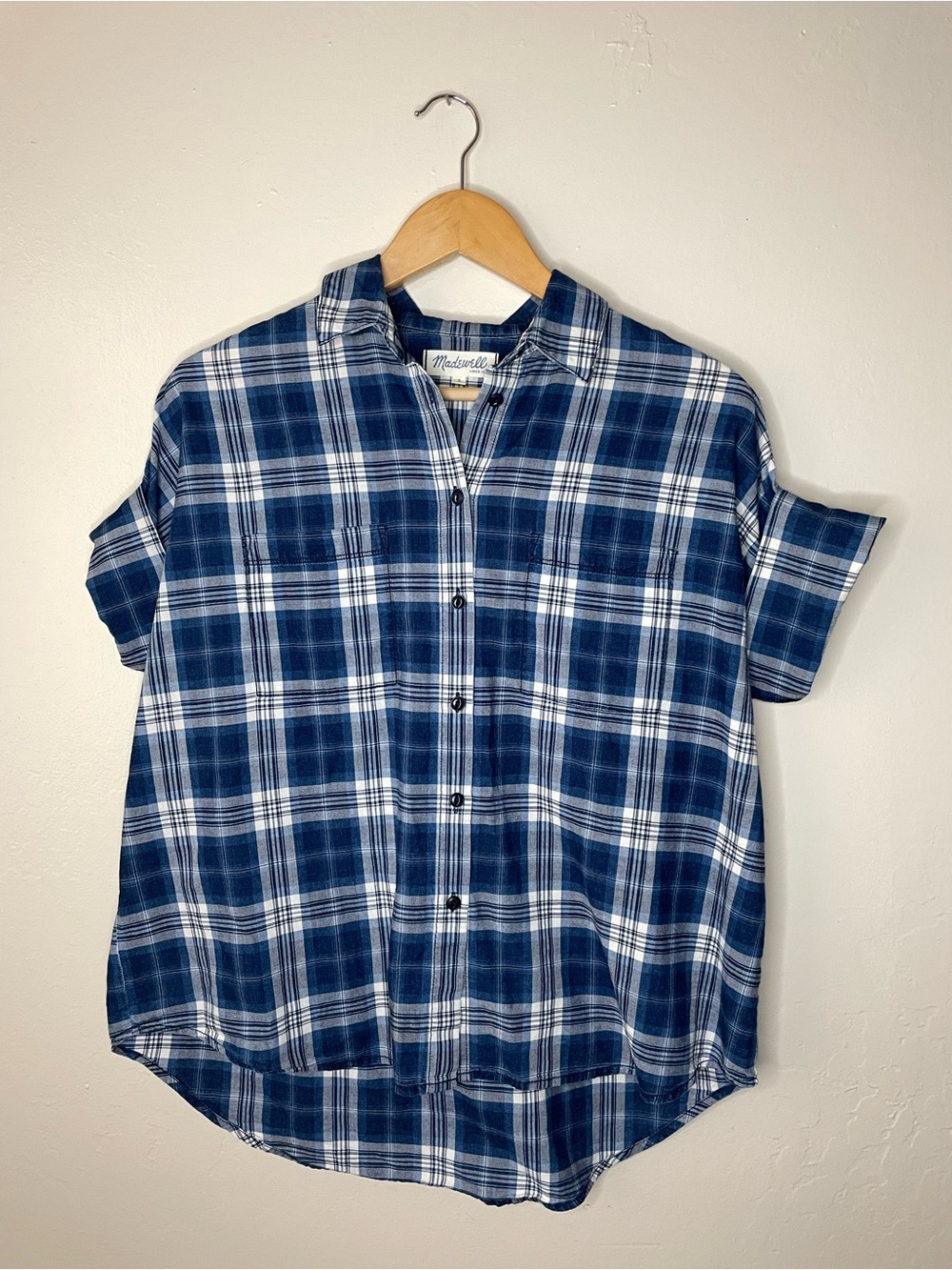 Madewell Navy and White Plaid Short-Sleeve Button-Down Shirt